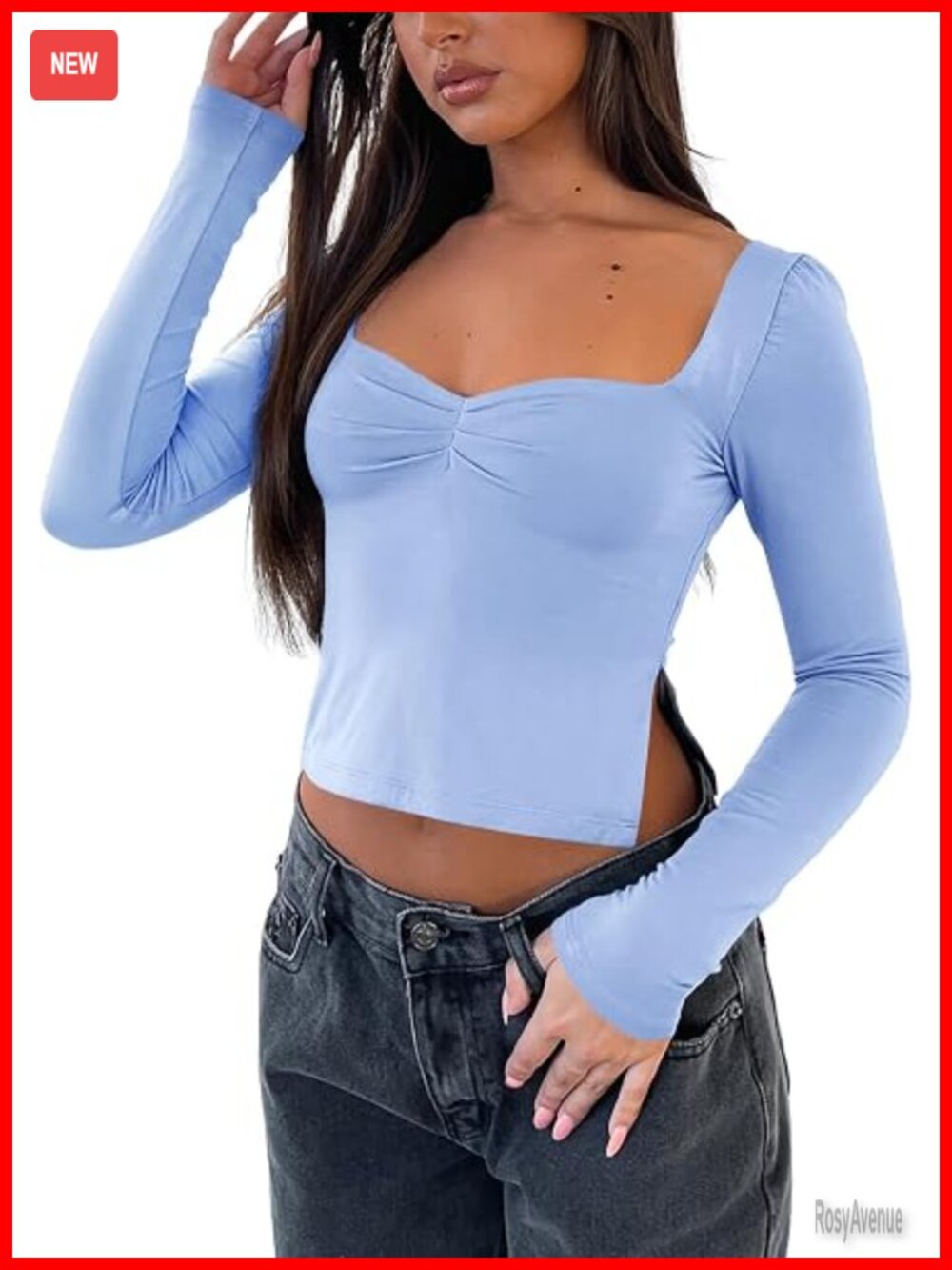 Long Sleeve Crop Top Sweetheart Neckline Bustier Y2K Going Out Top with Slit